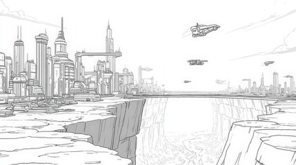 Fototapeta premium Futuristic cityscape with soaring structures and flying vehicles above a deep chasm