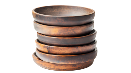 A stack of five rustic wooden bowls with visible wood grain and natural imperfections on a white surface isolated on transparent background