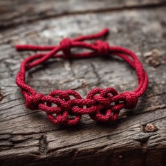 Intricate red knot bracelet resting on weathered wooden surface at sunset