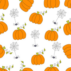 Colorful autumn pattern on Halloween theme, orange pumpkin, spider web