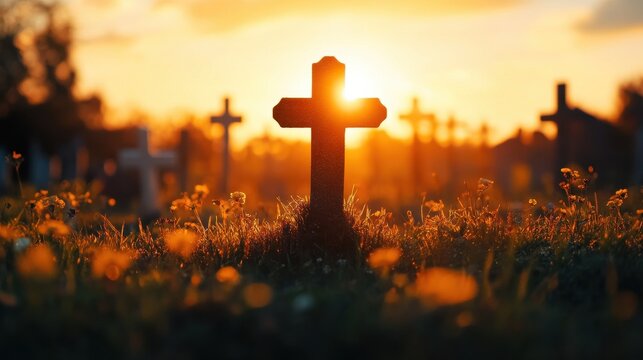 Grave cross surrounded by blurred crosses at sunset in a cemetery