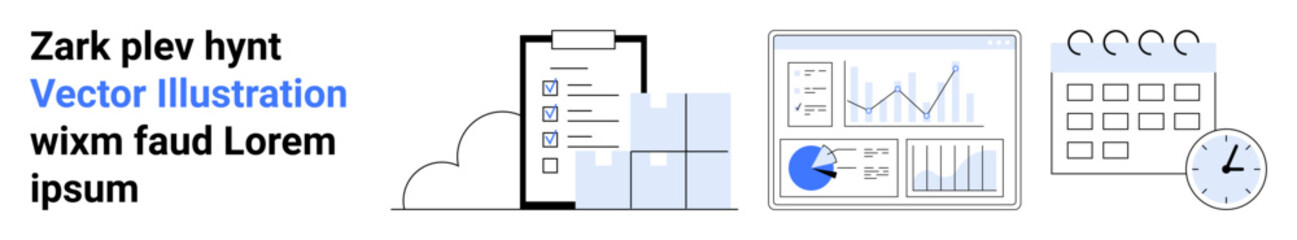 Chart-filled dashboard, checklist on tablet, stacked cubes, calendar, and clock highlight planning, tracking, and analytics. Ideal for productivity, data visualization management scheduling