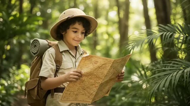 Young boy exploring a lush forest while studying a map, surrounded by vibrant greenery and sunlight