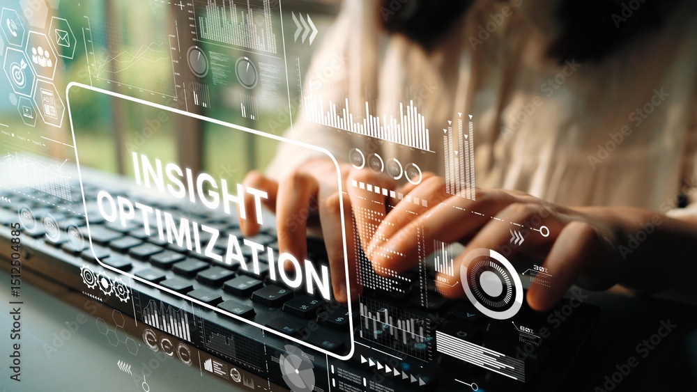 Poster hands typing on keyboard with digital optimization and insight graphics in modern workspace. asympto