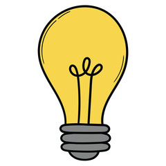 Hand drawn cartoon yellow light bulb on white background.