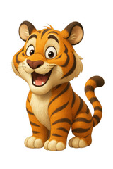 An adorable cartoon tiger cub with a happy expression sits and smiles brightly, full of joy.