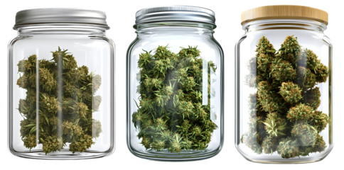 Set of glass jars filled with dried cannabis buds and marijuana flower, isolated on transparent background

