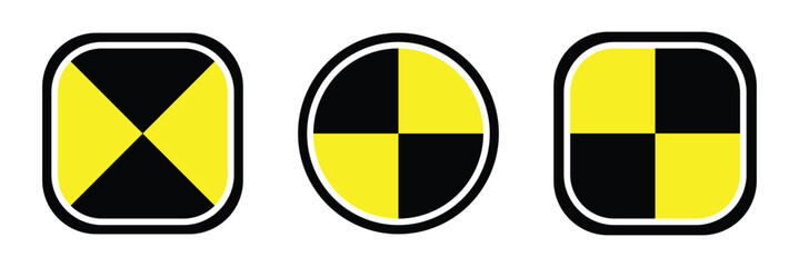 Crash test sign symbol collection on white background. crash test dummy symbol black and yellow checkered warning sign automotive safety icon isolated on white background.