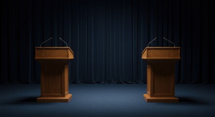 Two empty podiums with microphones set against a dark blue curtain, ready for a speaker.