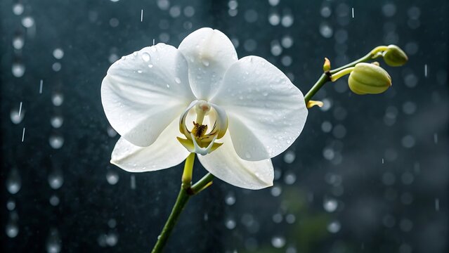 Close up of a beautiful white orchid flower with water droplets against dark background