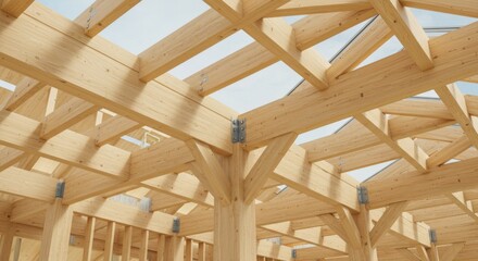 The intricate wooden framework of a building, with beams, rafters, and pillars, forming its structure.