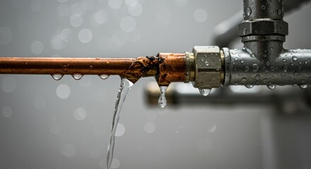 Water gushes from a damaged copper pipe, highlighting a plumbing emergency with the water.