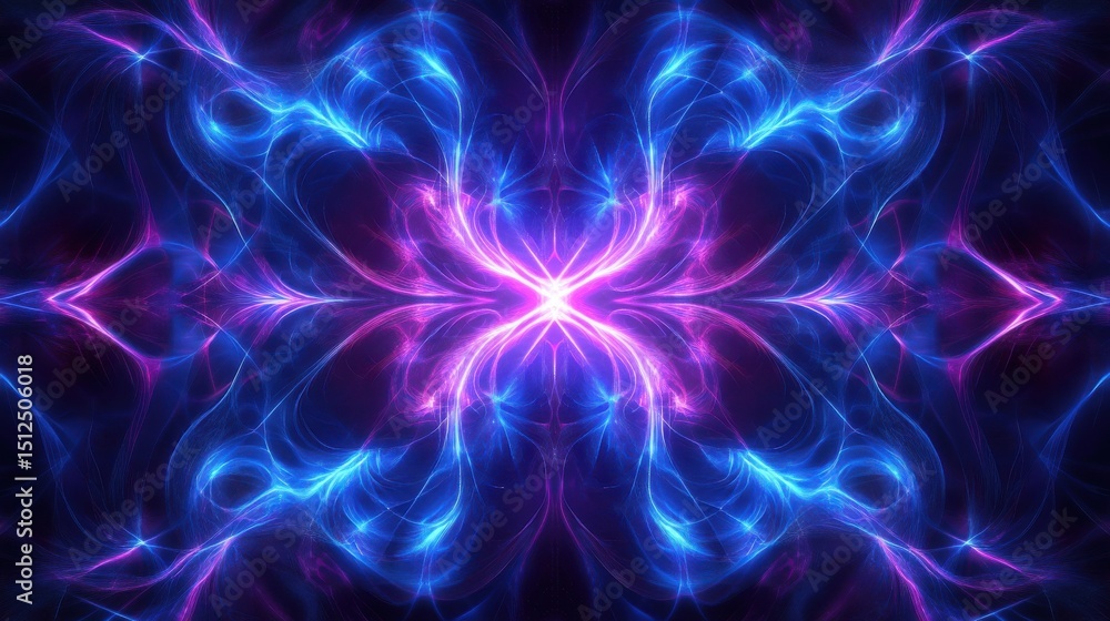 Poster electric abstract visuals with glowing lines and dots weaving together in shifting neon blues and pu