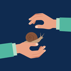 Fototapeta premium Hands holding and reaching for brown snail on dark blue background vector illustration 