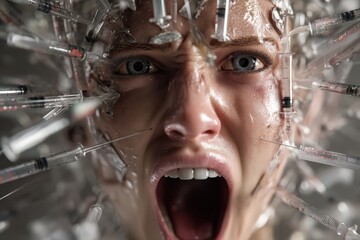 Despair expressed through haunting screams amidst a chaotic surge of needles and pain