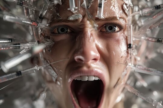 Despair expressed through haunting screams amidst a chaotic surge of needles and pain