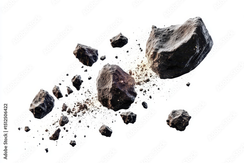 Poster swarm of asteroids isolated on white background demonstrating celestial bodies in motion among the c