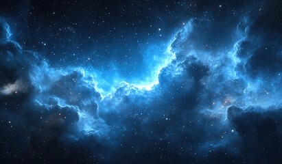 A Stunning Cosmic Nebula in Deep Space: The Majestic Blue and Black Swirls of Interstellar Gas and Dust Illuminated by Distant Stars