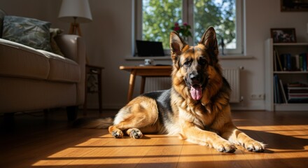 A beautiful german shepherd resting comfortably inside a sunny living room with a relaxed expression.
