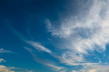 Dramatic High-Altitude Cirrus Clouds in Deep Blue Sky – Atmospheric Weather Background with Wispy White Cloud Patterns for Nature, Climate, and Sky Texture Visuals