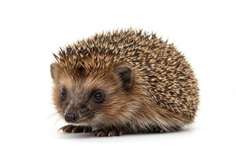 Fototapeta premium An adorable European hedgehog sits isolated against a stark white backdrop, beautifully captured.