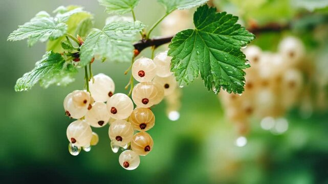 Video of watering ripe juicy white currants in water droplets hanging on a branch with green leaves. Gardening
