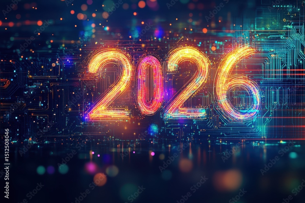 Aufkleber sparkling neon number 2026 illuminated with vibrant light effects in a digital abstract background