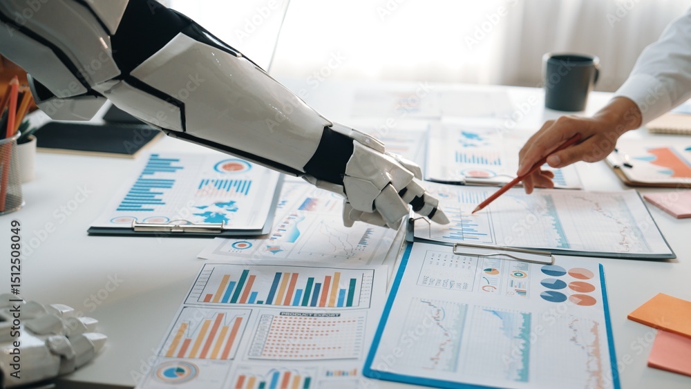 Poster a human and a robotic arm interact over a table filled with data charts and reports, highlighting th