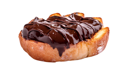 A close up of a slice of bread topped with chocolate sauce on a black isolated studio background view isolated on transparent background