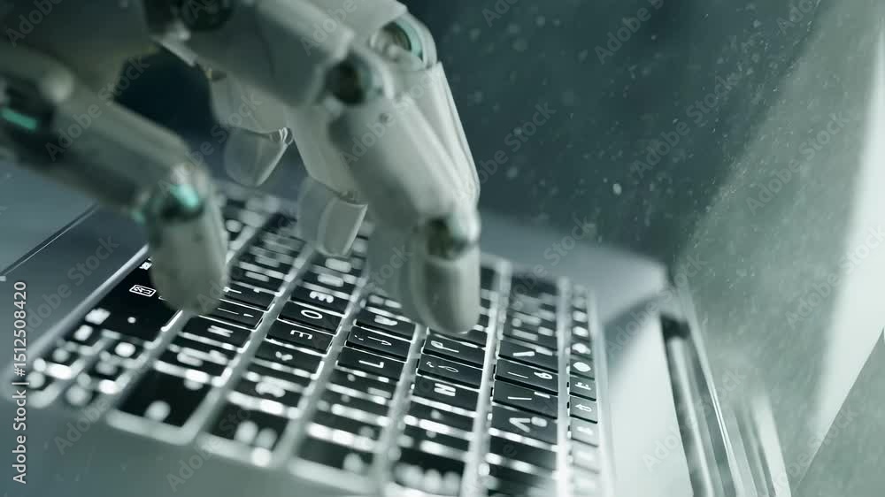 Aufkleber robotic hand demonstrating precision while typing on laptop keyboard, representing technological inn