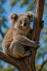 Obraz premium Sleepy Koala Climbing Tree in Australian Forest - Cute Furry Animal Wildlife Photography 