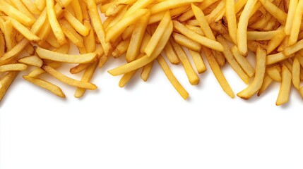 Top view of golden French fries arranged in a border frame on white background