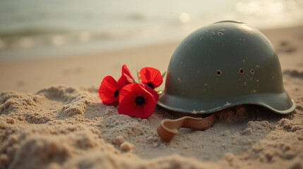 Helmet and Poppies on the Beach – D-Day Remembrance