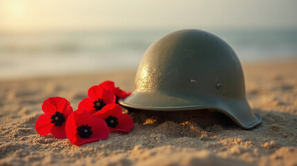 Helmet and Poppies on the Beach – D-Day Remembrance