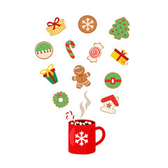 Christmas red mug with hand drawn gingerbread on white background.