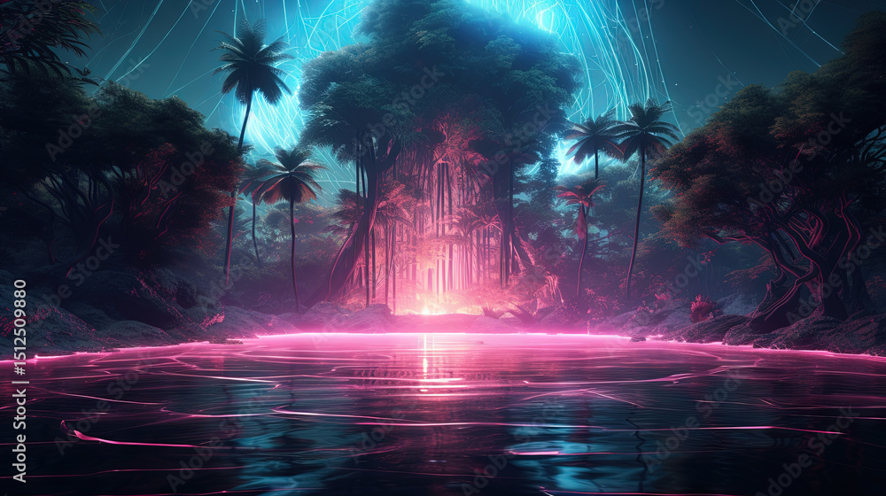 Poster neon-lit tree in a mystical jungle with glowing light and vibrant reflections