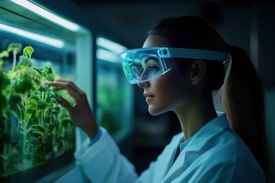 Data scientist explores data visualization through holographic technology while studying plant growth in a laboratory setting