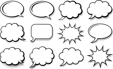 Comic Style Speech Bubble Clipart Collection, Blank Text Cloud Vector Set.