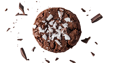 A single chocolate cookie with coconut flakes and chocolate pieces  view from above isolated on transparent background