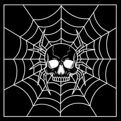 Fototapeta premium black and white skull spider in web line art isolated halloween horror tattoo 