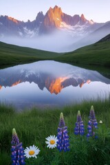 Luminous Mountain Majesty: An awe-inspiring panorama of towering mountains reflected in a tranquil lake, surrounded by a vibrant meadow blooming with wildflowers.