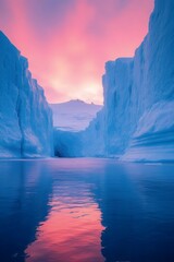 Pink Antarctic Sunset: A breathtaking view of towering icebergs framing a serene channel of water, reflecting the vibrant pink and blue hues of a stunning Antarctic sunset.