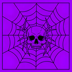 Fototapeta premium black and purple skull spider in web line art isolated halloween horror tattoo 