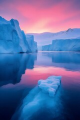 Iceberg Reflection: Captivating a breathtaking panorama of icy giants floating peacefully on a tranquil sea under a vibrantly colorful sky at sunset.