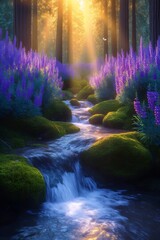 Enchanted Forest Stream: Sunlight streams through tall trees illuminating a serene stream flowing over moss-covered rocks, surrounded by vibrant purple wildflowers.