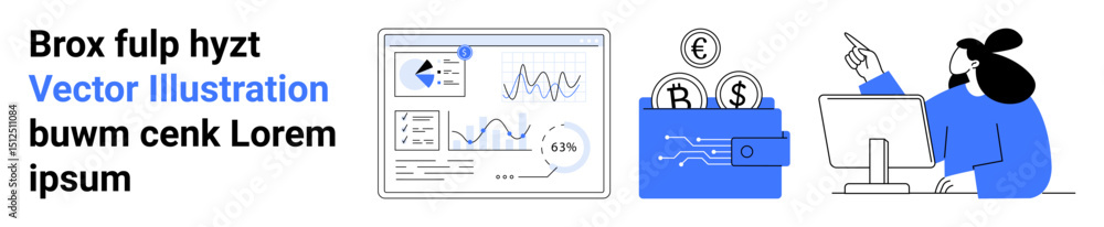 Poster analytics dashboard with data charts, digital wallet containing coins, and professional working at d