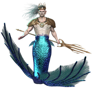 3D rendered fantasy merman as a King or God Poseidon isolated on transparent background