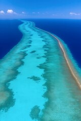 Azure Ocean Sandbar: An aerial captures the rhythmic dance of sandbar and deep blue ocean with some cloud creating natural abstract, where turquoise waves meet the sandy shore in a symphony of color.