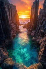 Coastal Paradise: A breathtaking aerial view of a secluded cove at sunset, with crystal-clear turquoise water embraced by towering rock formations under a fiery sky.