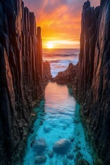 Serene Coastal Cove at Sunset: A breathtaking natural landscape captures the eye with a dramatic sunset casting hues of orange and gold onto tranquil turquoise waters.
